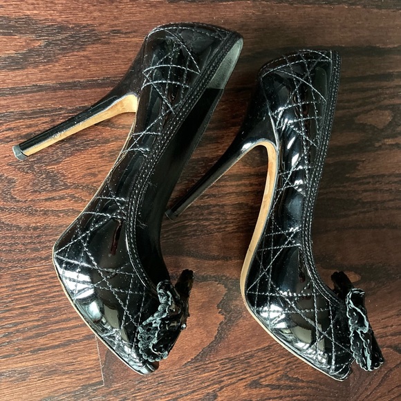 Dior Black Quilted Cannage Patent Leather Peeptoe Pumps with Bow 36.5 6.5 - Picture 2 of 6